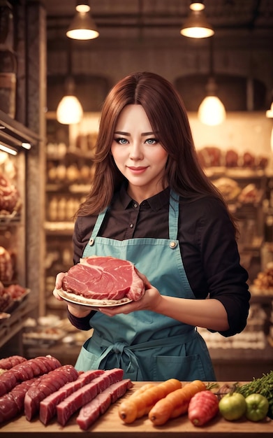 Photo of beautiful woman as a shopkeeper at the market generative AI