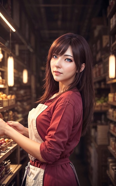 Photo of beautiful woman as a shopkeeper at the market generative AI