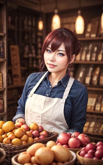 Photo of beautiful woman as a shopkeeper at the market generative AI