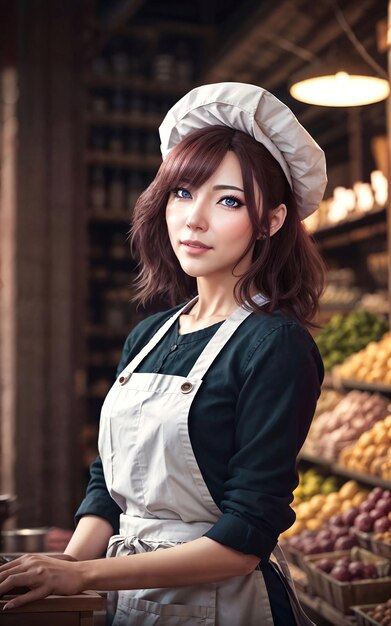 Photo of beautiful woman as a shopkeeper at the market generative AI