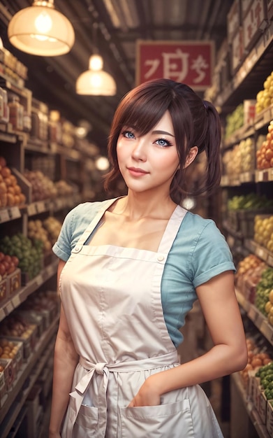 Photo of beautiful woman as a shopkeeper at the market generative AI