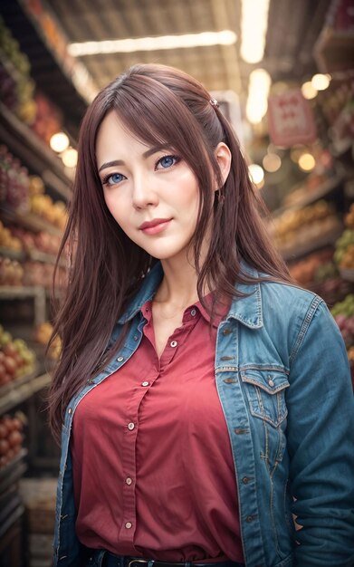 Photo of beautiful woman as a shopkeeper at the market generative AI