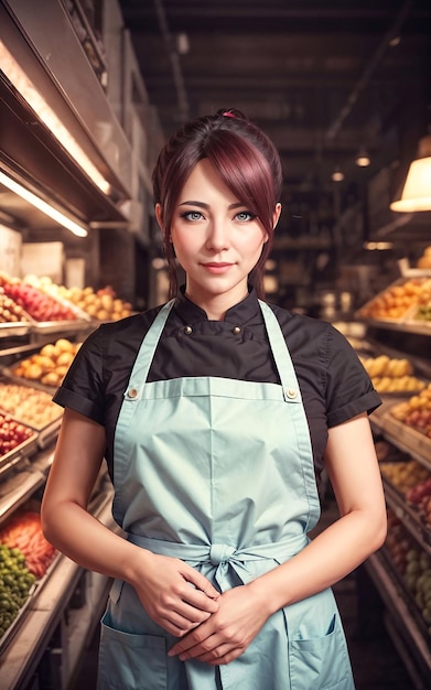 Photo of beautiful woman as a shopkeeper at the market generative AI