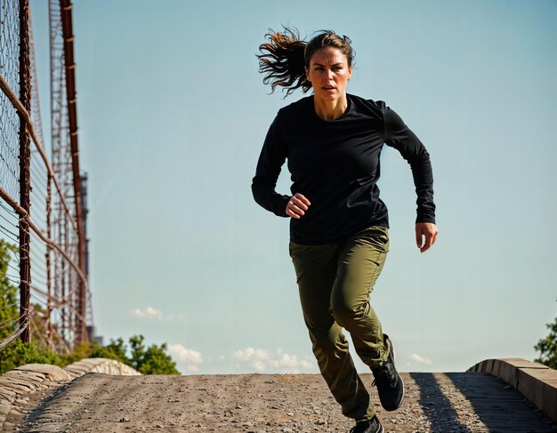 Foto di una bella donna come agente sotto copertura che indossa una camicia nera a maniche lunghe e pantaloni tattici che corre in una scena di pericolo