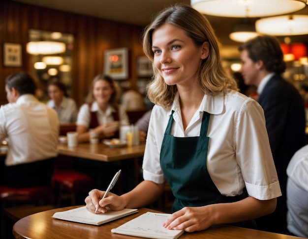 Photo photo of beautiful woman as a waitress in retro dining restaurant generative ai