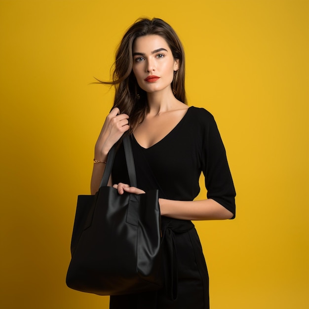 Photo of beautiful woman in black carrying bag on yellow background