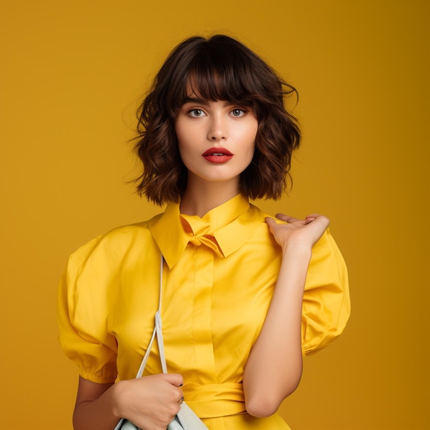 photo of beautiful woman in black carrying bag on yellow background