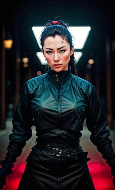 Photo of beautiful woman in black ninja outfit assassin killer generative AI