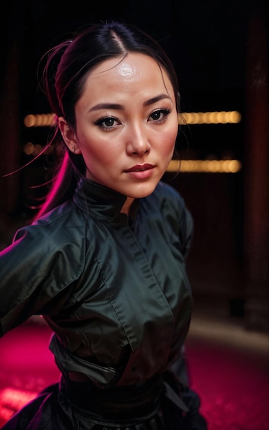 Photo of beautiful woman in black ninja outfit assassin killer generative AI