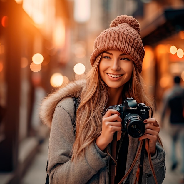 Photo of a beautiful woman holding a camera world photography day