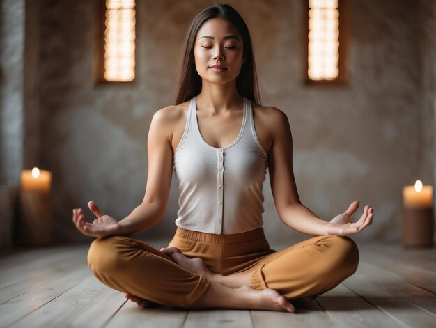 蓮の姿勢で座っている美しい女性の瞑想の写真