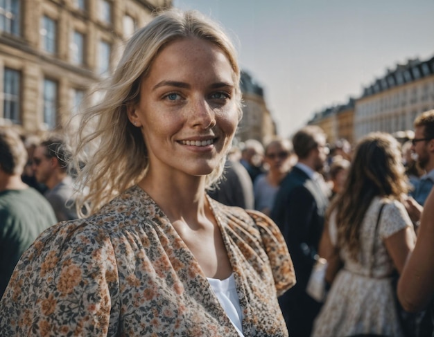 photo of beautiful woman at parade street in Europe country generative AI