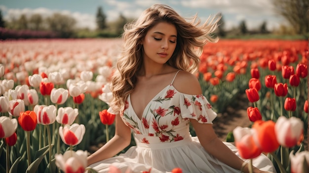 photo beautiful woman on tulip field