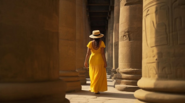Photo photo of a beautiful woman wearing a yellow skirt in front of pillars generative ai