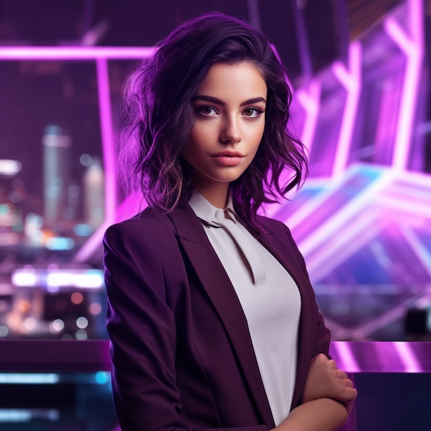 Photo of beautiful woman with arms crossed futuristic with light purple tint