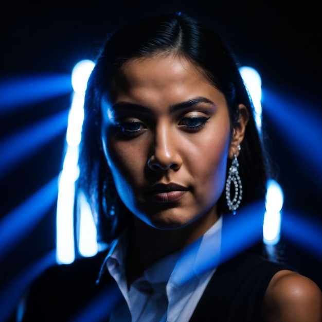 photo of beautiful woman with blue light on black background generative AI