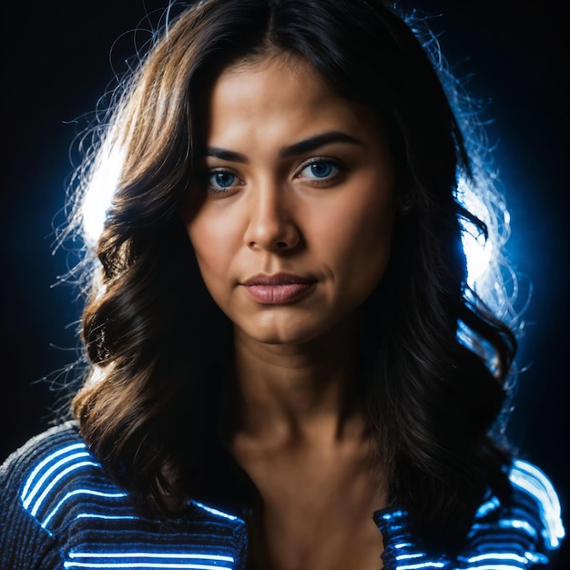 photo of beautiful woman with blue light on black background generative AI