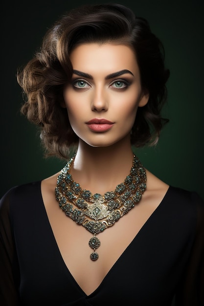 A photo of a beautiful woman with exclusive necklace in professional studio