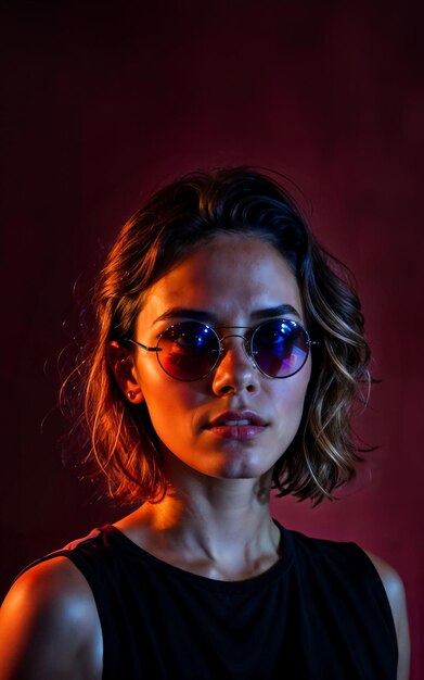 photo of beautiful woman with red and pink lighting and backdrop generative AI