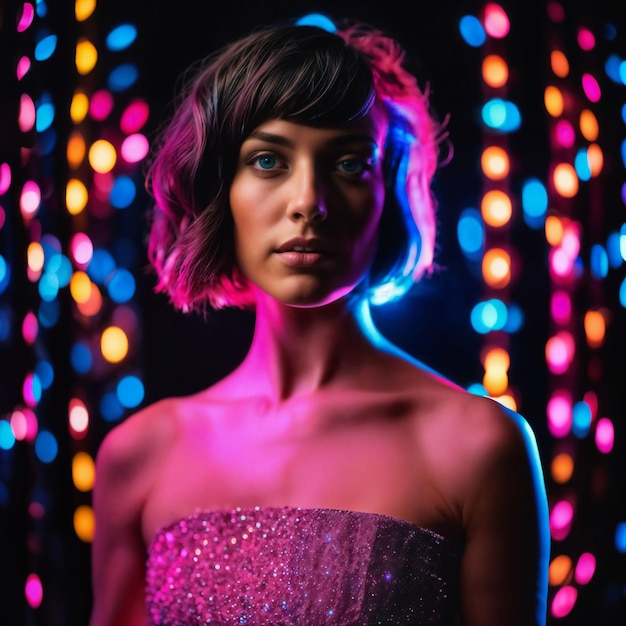 photo of beautiful woman with short hair and mixed pink neon light generative AI