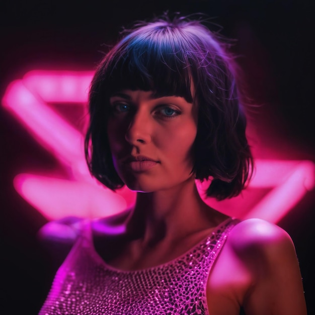 photo of beautiful woman with short hair and mixed pink neon light generative AI