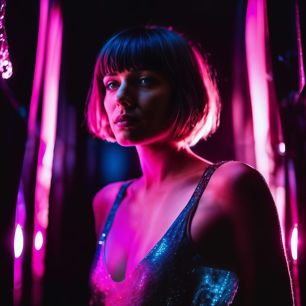 photo of beautiful woman with short hair and mixed pink neon light generative AI