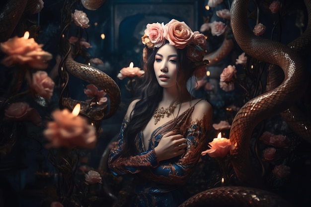 Photo a beautiful woman with snakes decoration generative ai