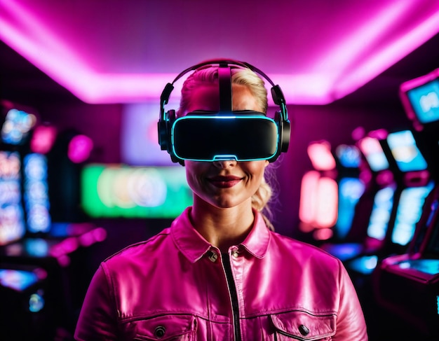 photo of beautiful woman with VR glasses headset playing video game generative AI