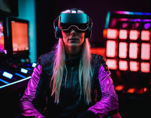 VR メガネ ヘッドセットを付けてビデオ ゲームの生成 AI をプレイしている美しい女性の写真