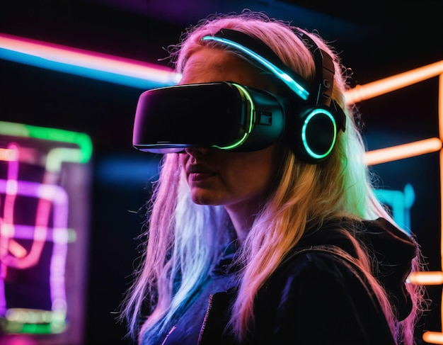 фотография красивой женщины в очках виртуальной реальности, играющей в видеоигру с генеративным искусственным интеллектом