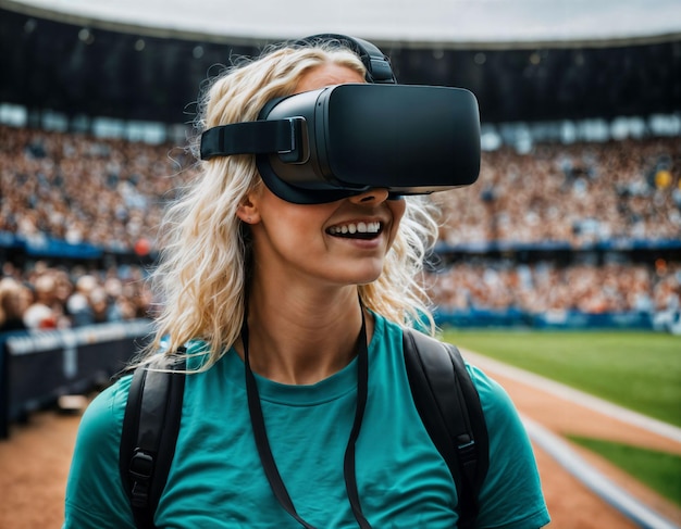 фотография красивой женщины в очках виртуальной реальности на спортивной арене стадиона с генеративным искусственным интеллектом