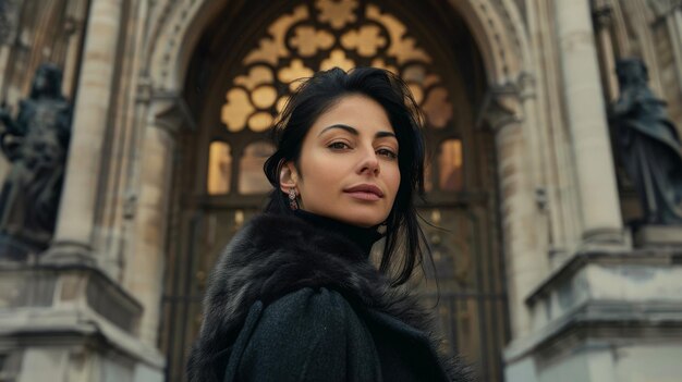 Photo photo of beautiful woman with winter coat standing in front of building in winter season generative