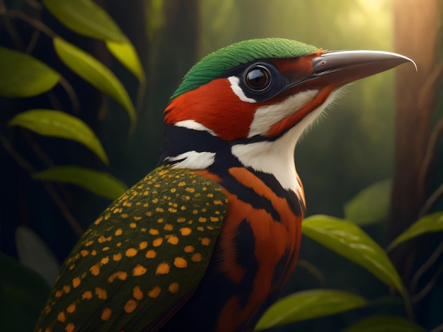 Photo a beautiful woodpecker bird sits in a jungle with a blurry background