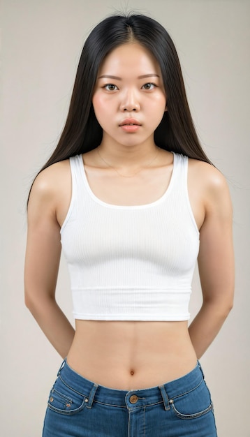 Фото красивой молодой азиатской женщины с белым топом и джинсами, стоящей на белом фоне.