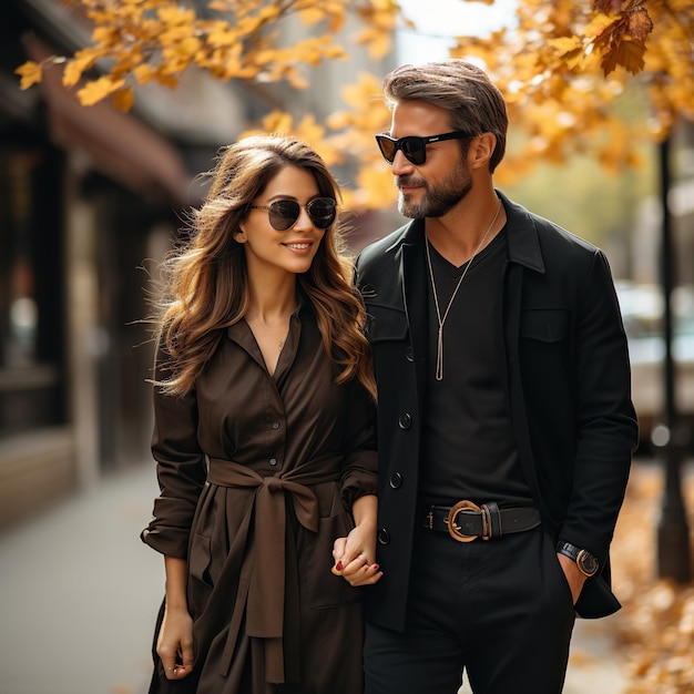 Photo a photo of beautiful young couple in sunglasses walking in autumn street looking at camera generative ai