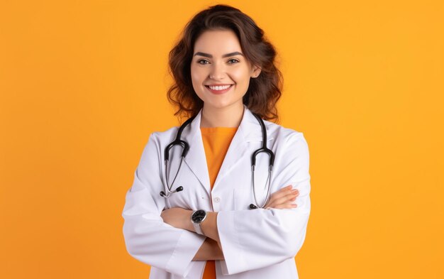 Photo a beautiful young doctor wearing white uniform in yellow background