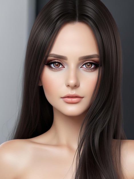 photo of a beautiful young European woman with long hair and clean white skin with bright dark eye c