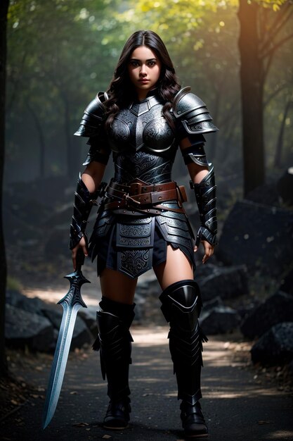 photo of a beautiful young full body warrior wearing beautiful black armor ultra realistic image