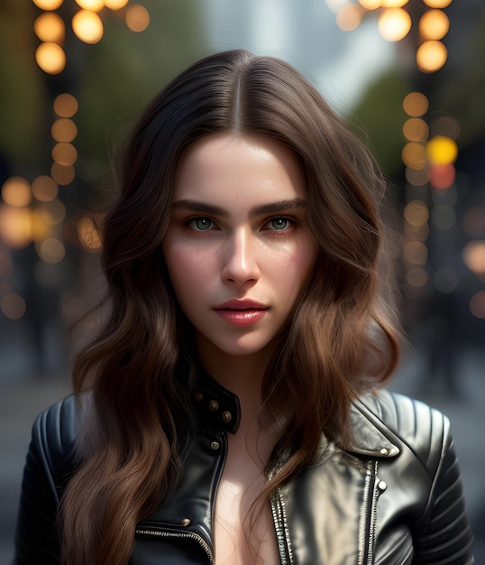 photo of a beautiful young girl in a black leather jacket generative ai