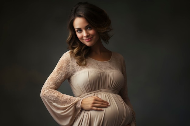 사진 아름다운 젊은 임신한 여성이 스튜디오에서 포즈를 취하고 있습니다.