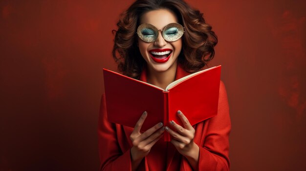 Photo beautiful young woman wearing red clothes standing isolated holding an open book AI image