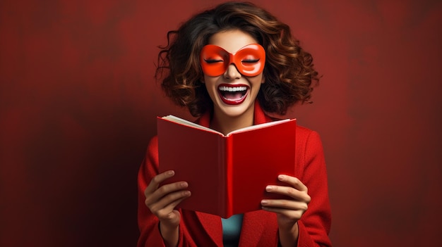 Photo beautiful young woman wearing red clothes standing isolated holding an open book AI image