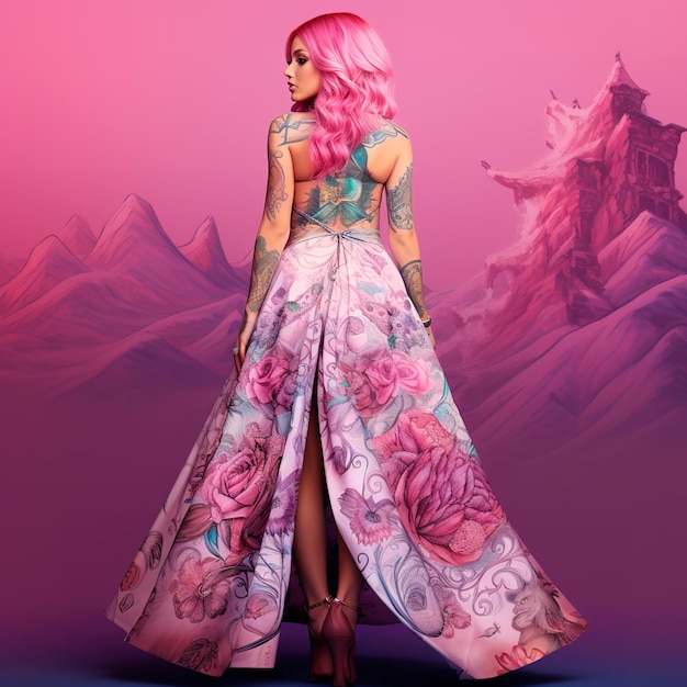 photo of a beautiful young woman with pink blue hair all tattooed with pink dress