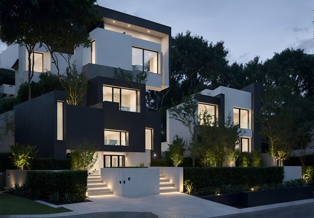 Photo of a beautifully illuminated modern house at night