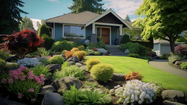 photo of a beautifully landscaped front yard