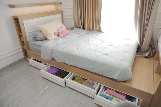 Photo the bedroom for child, modern white and wood bedroom for kid