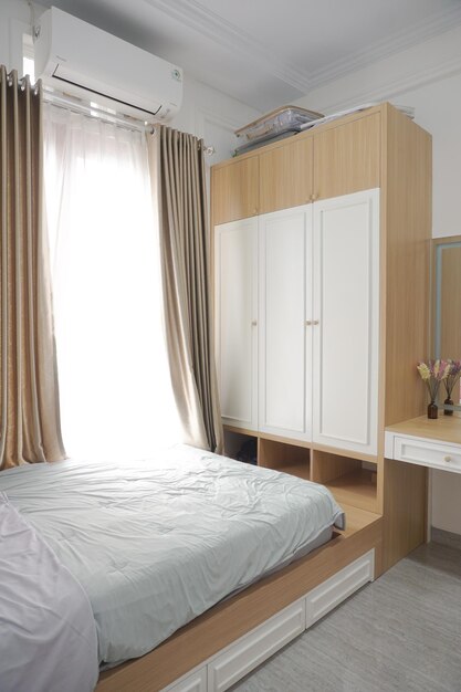 Photo the bedroom for child, modern white and wood bedroom for kid