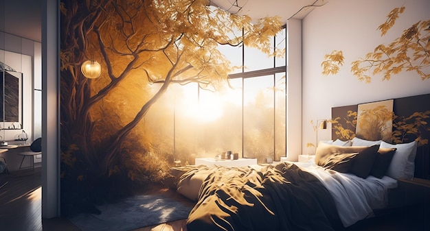 Фотография спальни с красивой фреской в виде дерева на одной из стен.