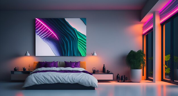 Photo of a bedroom with a large painting on the wall