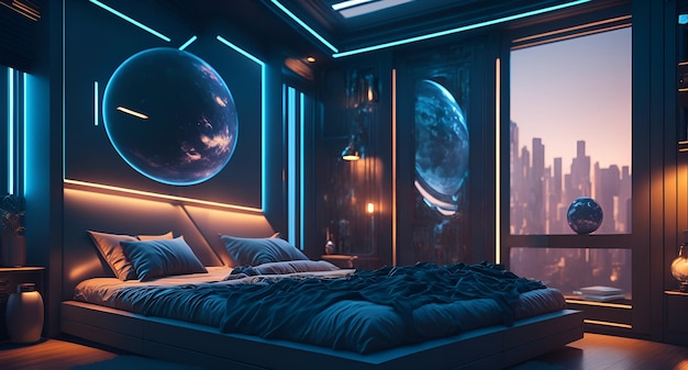 Фото спальни с потрясающим видом на Солнечную систему и ее планеты